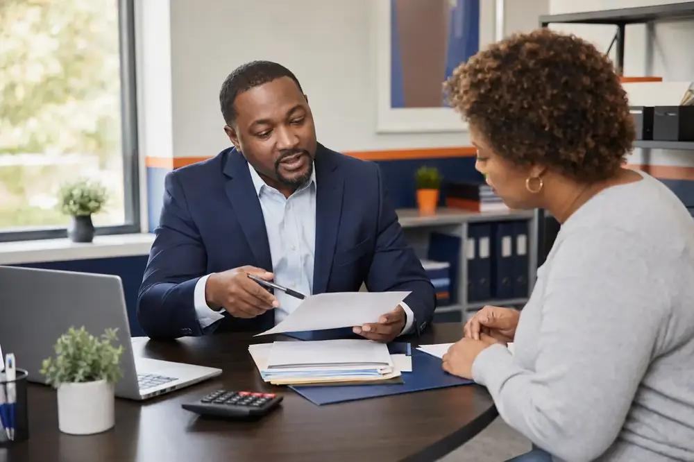 Tax professional reviewing financial documents with a client at the Roselle office.