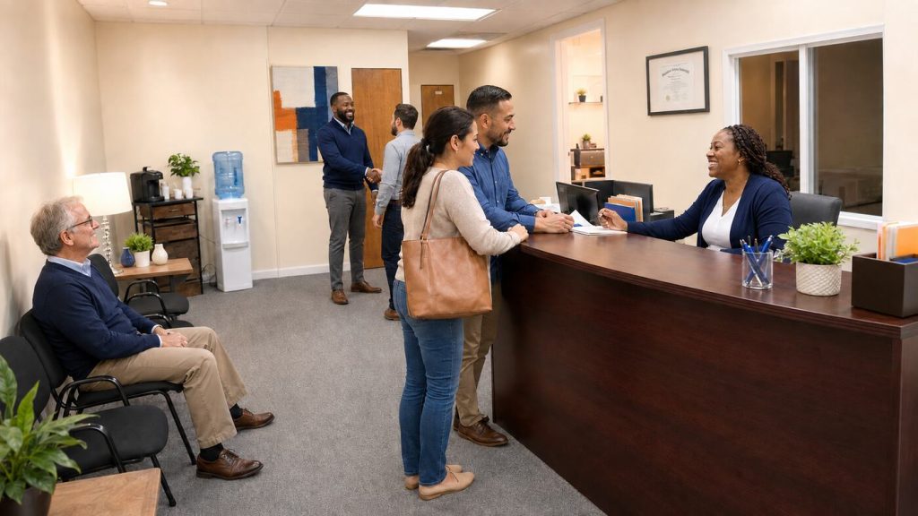 Diverse clients receiving friendly assistance in the Ideal Financial & Tax Services Roselle office.